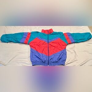 Vintage Athletic Works Jacket Women L Teal/Red/Purple Windbreaker 80s 90s Retro